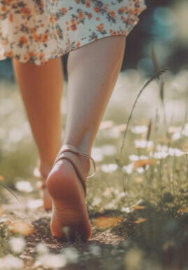 Woman walking barefoot outdoors in nature, grounding concept.